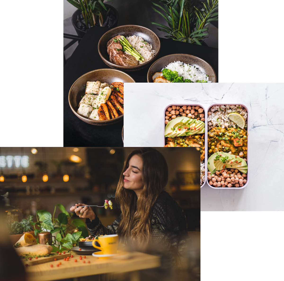 Woman enjoying food, meals in storage Container,
                and food bowl on a table